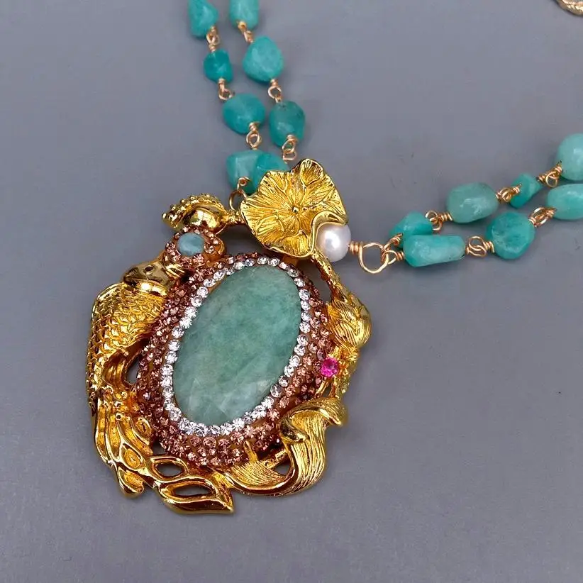 KKGEM 38x50mm Green Amazonite Gold Plated Pendant 2 Rows Blue Amazonite  Cultured White Rice Pearl Necklace