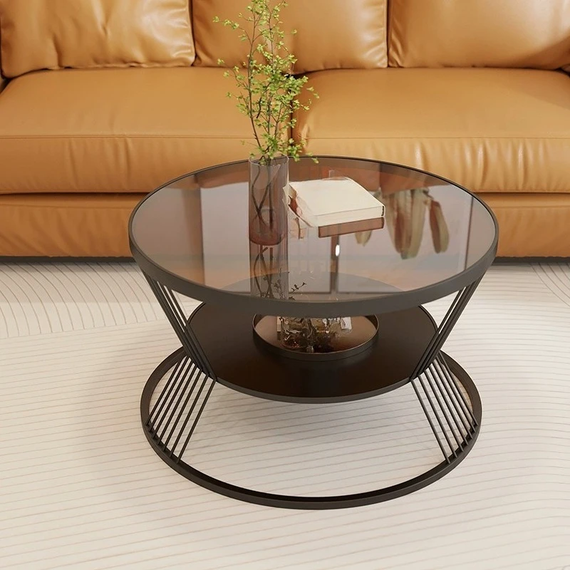 

Apartment living room small apartment round glass coffee table small tea table cream wind