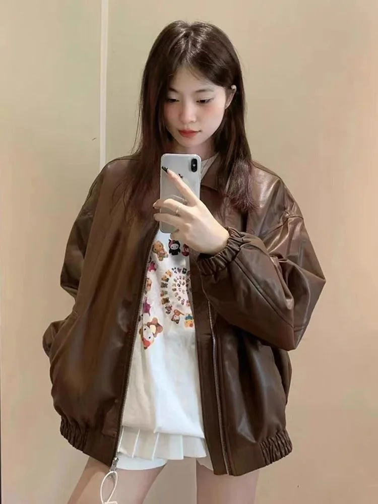 Marrom estilo coreano longo jaqueta de couro feminino vintage casual solto moto jaqueta de couro feminino 2025 outono streetwear moda casaco
