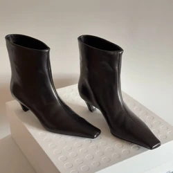 Women's Ankle Boots Stiletto Heels 2025 Autumn Winter Shoes Square Toe Cat Heel Mid-calf Boots Black Leather Nude Boots