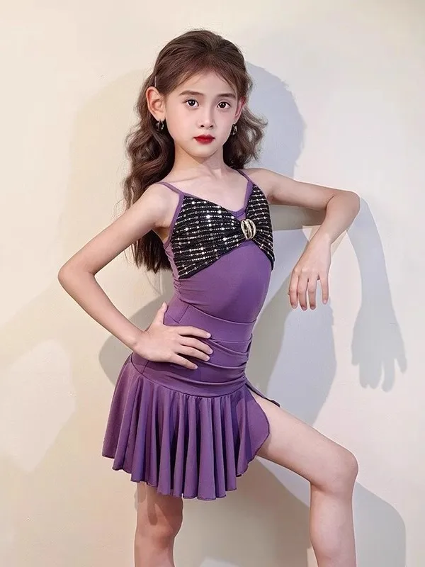 فستان لاتيني مخصص للأطفال البنات أرجواني مطبوع مثير بحزام سبليت قابل للطي نصف تنورة مجموعة ممارسة المنافسة المهنية