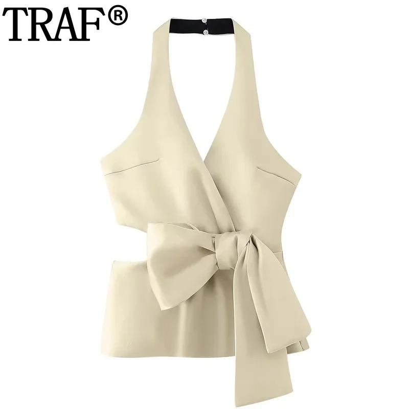 

TRAF 2024 Bowknot Satin Crop Tops Woman Off Shoulder Halter Top Women Summer Cut Out Tank Top Female Party Backless Sexy Tops