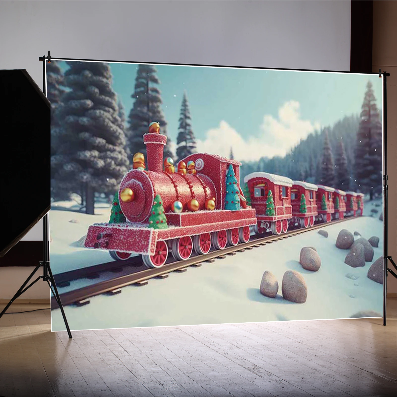 MOON.QG メリークリスマス写真撮影の背景幕レッドトレイン雪の森写真撮影の背景写真壁紙装飾 Photozone