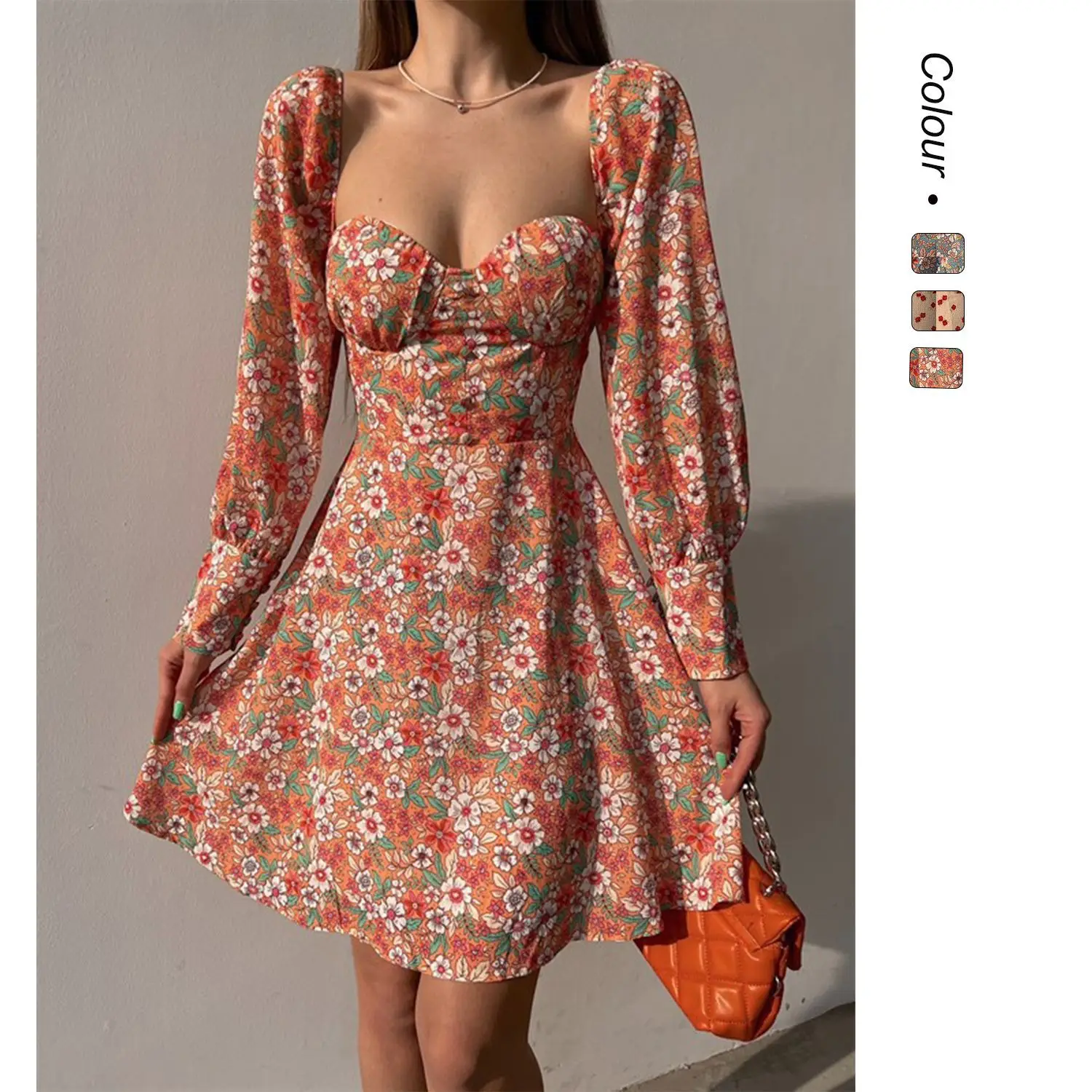 فستان نسائي جديد للربيع والصيف على شكل زهرة فرنسية بقصة منخفضة ورقبة مربعة وحزام خلفي فستان على شكل حرف A 288