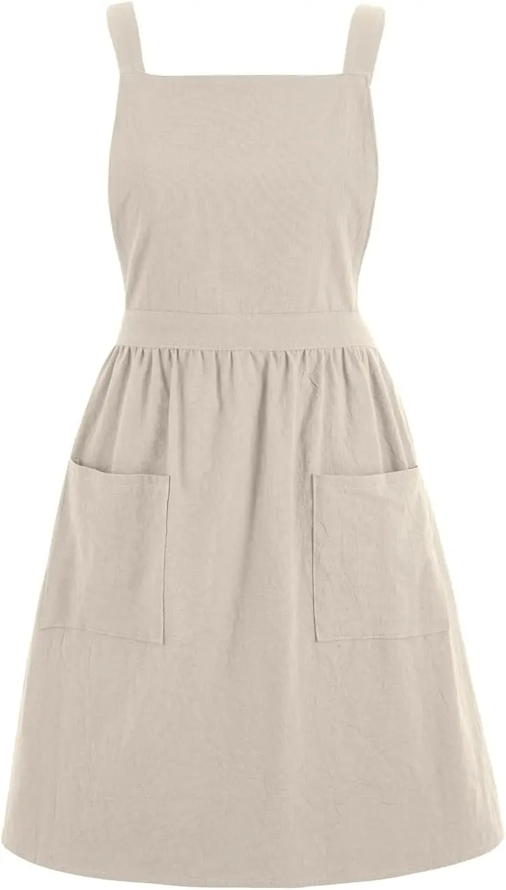 

Cotton Linen Pinafore Apron Dress for Women with Pockets Cute Art Chef Aprons for Kitchen Baking Gardening