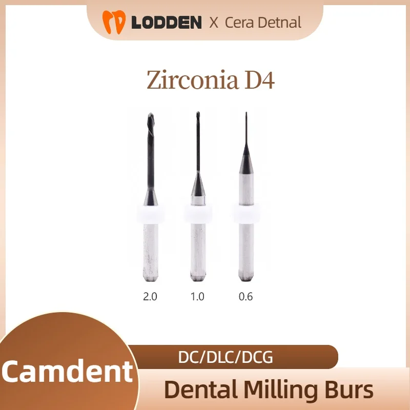 Camdent Milling Cutters For Dental Zirconia DC/DCG/DLC Coating D4 Shank CAD CAM Grinding Drills 2.0/1.0/0.6mm Milling Burs