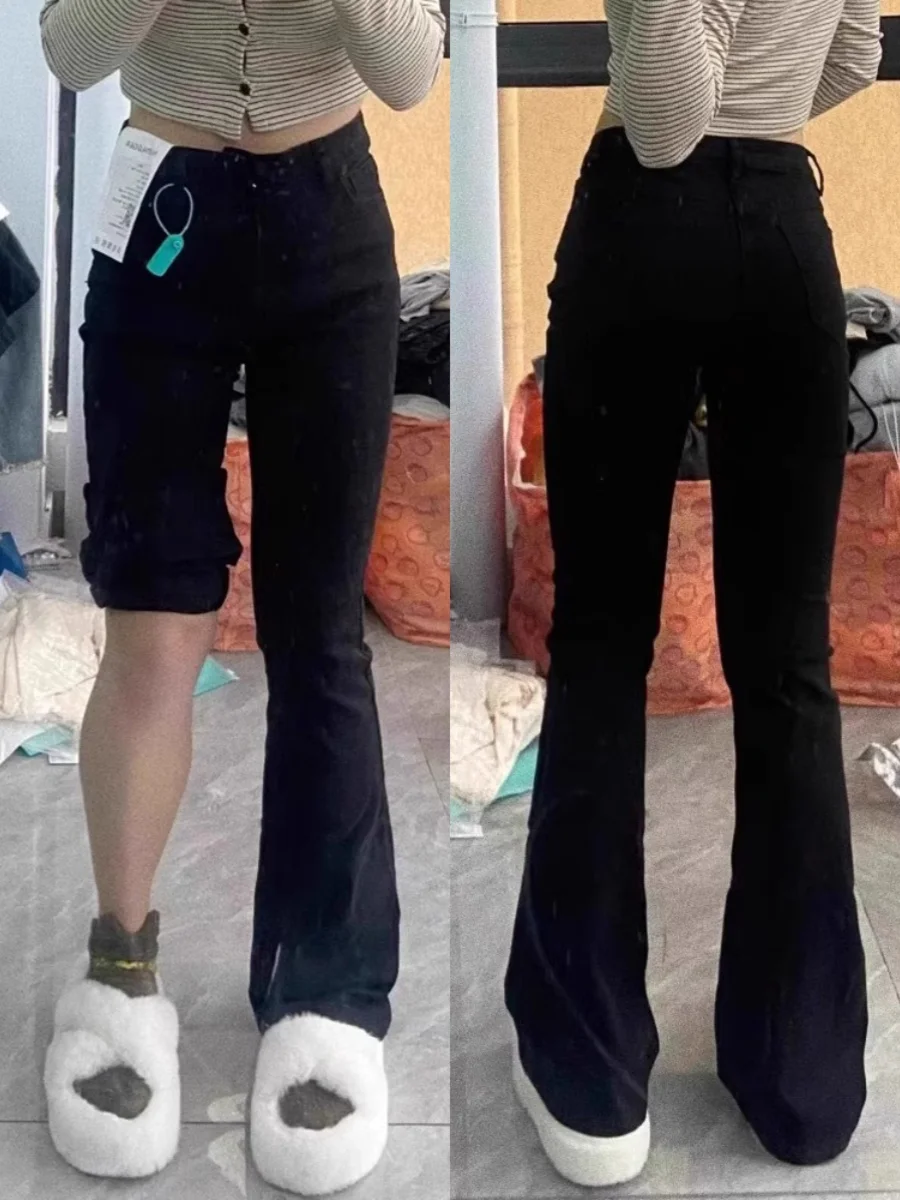 High Waist Black Slimming Micro Flared Jeans Women's plus Size Spring Autumn Wear Cotton Stretch Denim Trousers for Plump