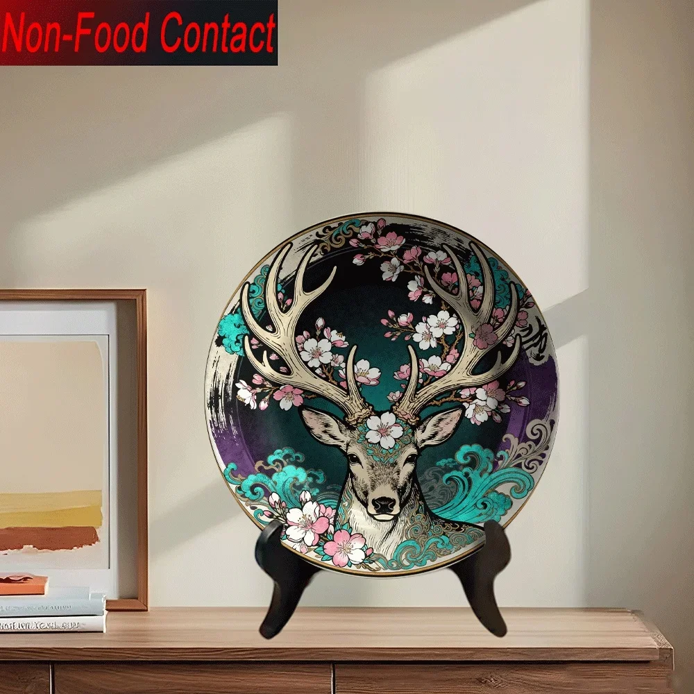 1pc Elegant Deer & Floral Ceramic Decorative Plate - Non-Food Contact Tabletop Ornament with Antlers, Pastel Pink & Green