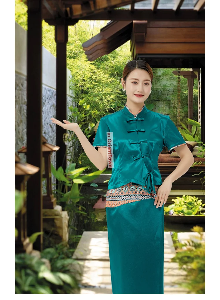 Spring Autumn Thailand Trend Beauty Salon Work Uniform Female Hotel Waiter Short Sleeve Summer Attires Tailored Long Skirt Suits