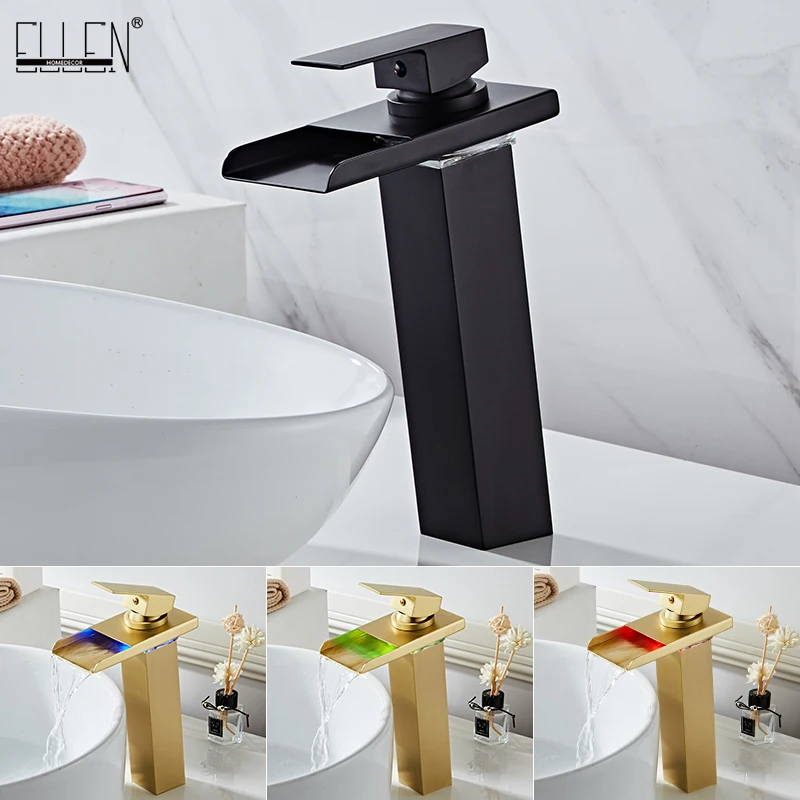 

ELLEN Tall Bathroom Sink Led Faucet Water Tap Temperature Controlled Bathroom Waterfall Sink Square Luxury Mixer Faucets EL101H