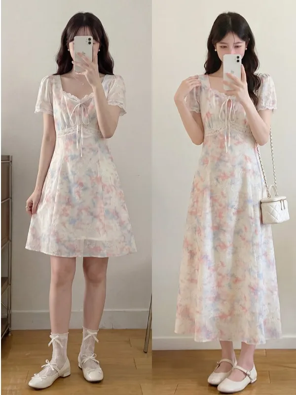 

Sweet Floral Print Short Sleeve Women's Dress plus Size Slimming High Waist A-Line Skirt Commute Style Korean Version Midi Dress