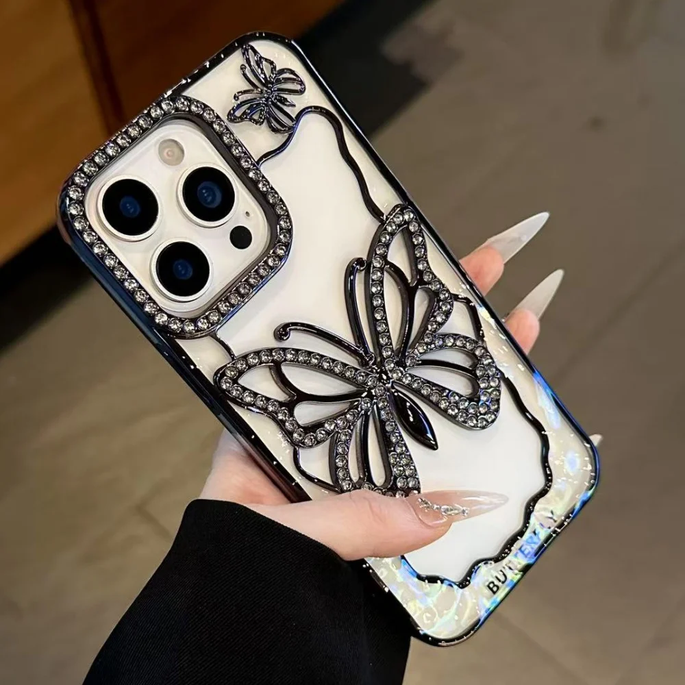 Transparent Butterfly Full Diamond Case for iPhone 17 Air 16 15 14 13 12 Pro Max Plus 17Pro Shiny Rhinestone Aesthetic Cover