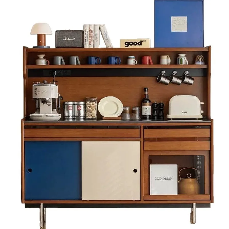 solid wood against the wall, integrated locker bag, contrasting colors, color matching, coffee corner cabinet, tea cabinet