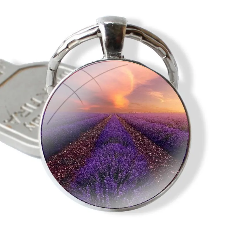 lavender Purple flowers Keychain Handmade Glass Cabochon Key Ring Holder Pendant Key Chains image 6