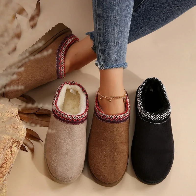 

Winter Women Suede Slippers Fur Slippers Warm Short Plush Slippers with Thickened Flat Soles Brown House Shoes for Women