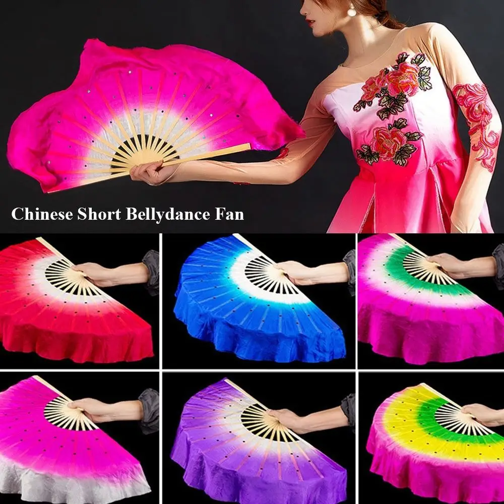 1Pc Chinese Korte Buikdansen Fan Voor Vrouwen 30Cm Bamboe + 10Cm Halve Cirkel Zijden Sluier Paren Yangko Dans Bamboe Fans Hand Dye Volwassenen