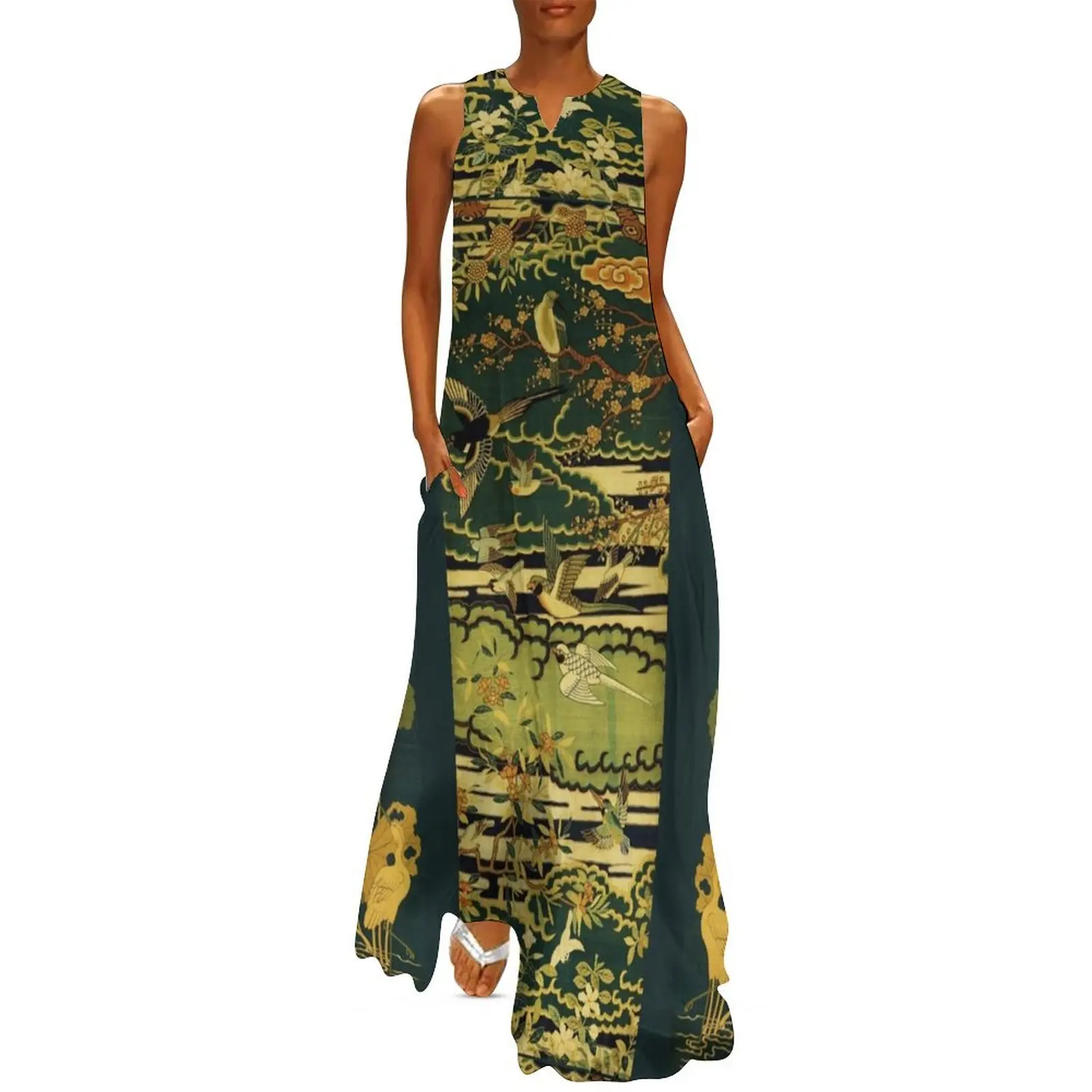 

Birds,Phoenix Flowering Tree Branches Against Clouds,Egret,Lotus,Green Gold Yellow Floral Long Dress