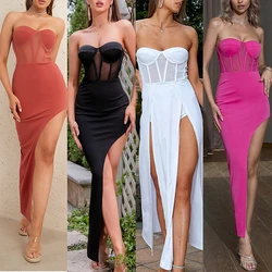 2024 Summer Europe Sexy Temperament Dress With Bra And Fish Bone Splice Mesh Open Back Dress Pink Black White Rose Red Women's