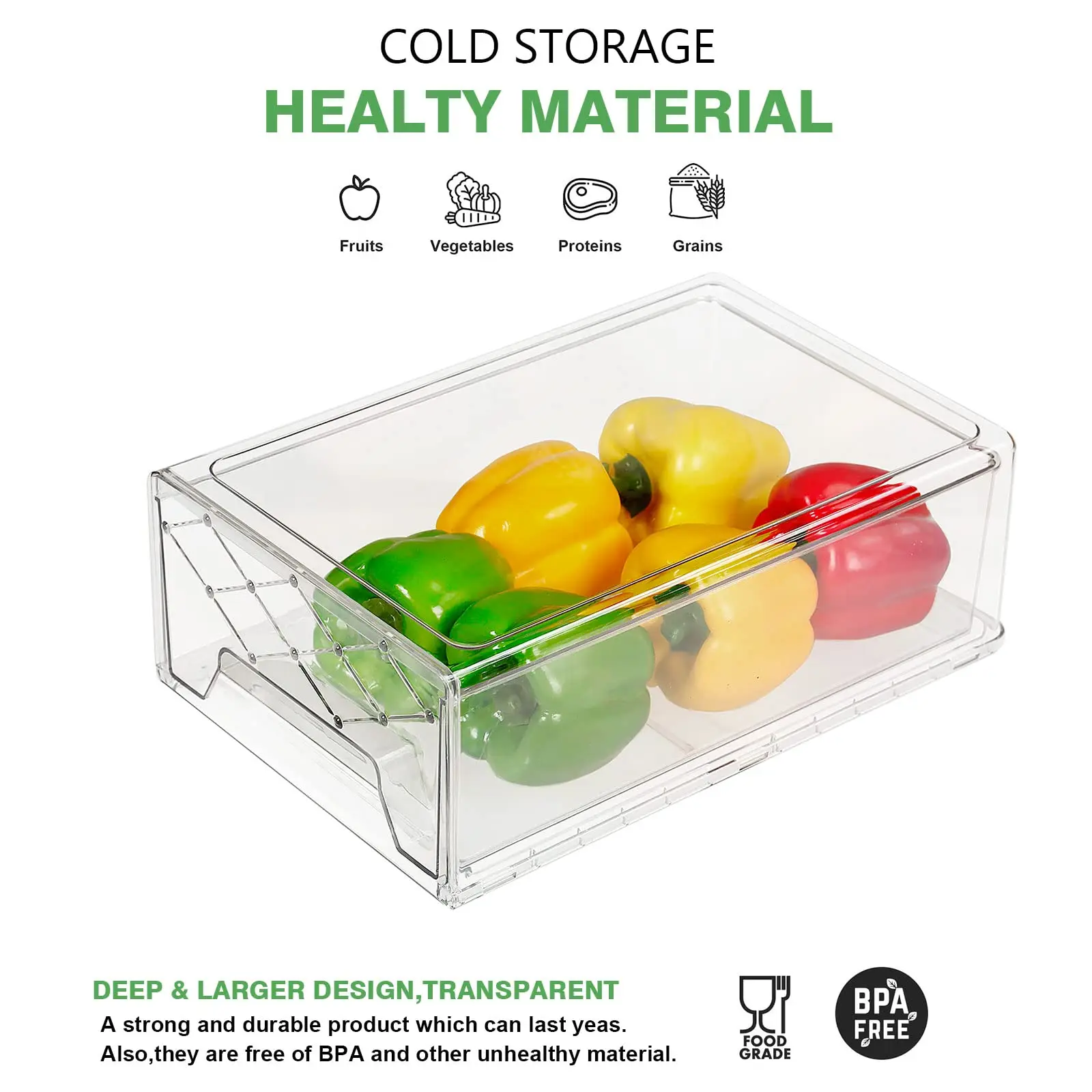 Refrigerator Organizer Bins with Pull-out Drawer, Stackable Fridge Drawer Containers, BPA-free Drawable Clear Storage Cases