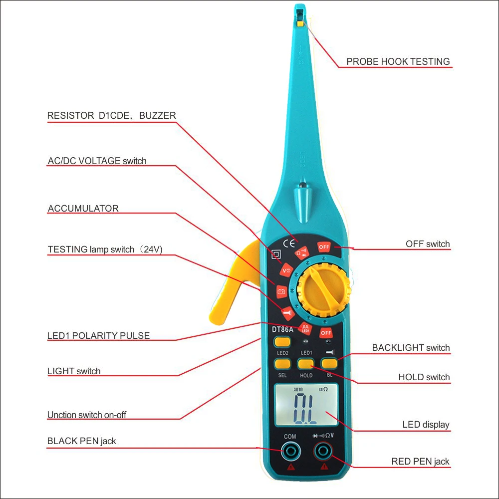 DT86A Auotomotive Circuit Tester Multi-function Auto Circuit Multimeter Lamp Car Repair Electrical Meter 0V-1000V Voltage