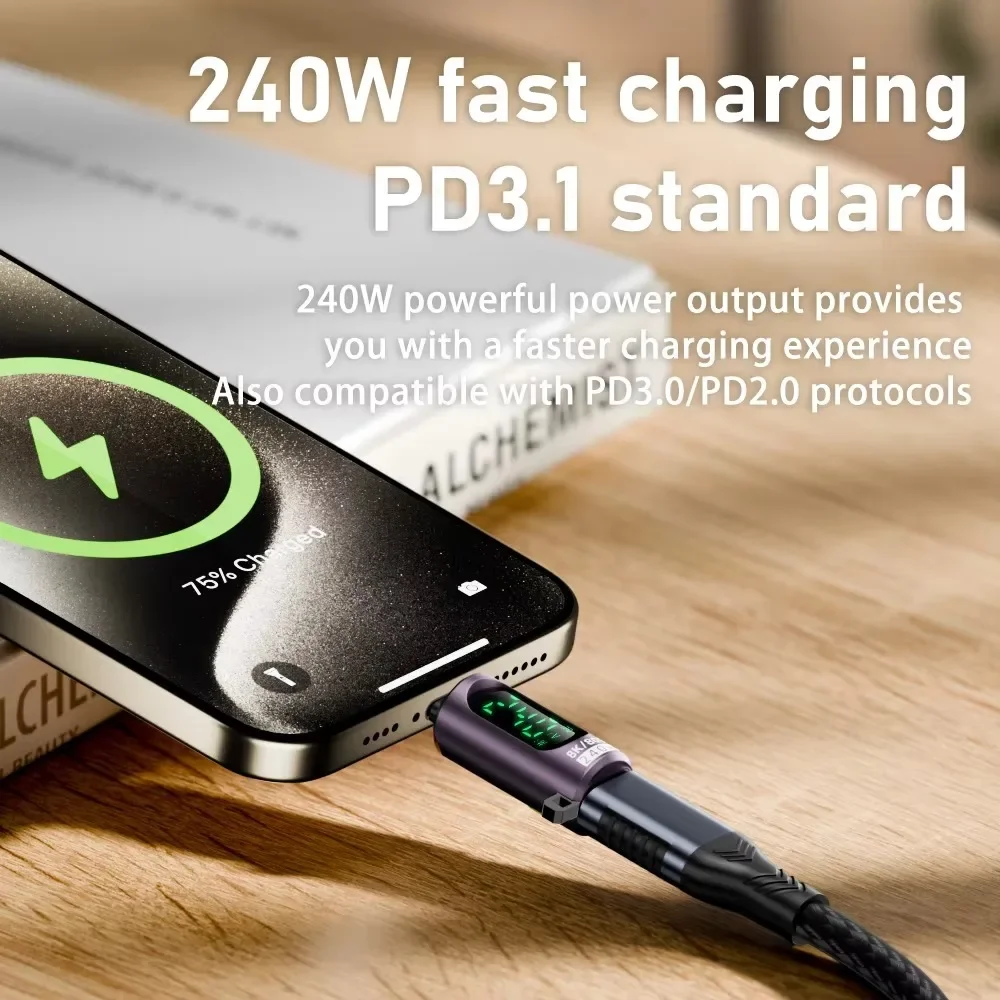 Pop 240W PD3.1 USB-C Male To Type C Female Adapter USB4 80Gbps Flash Data Transfer Converter With Digital Display Switch Button