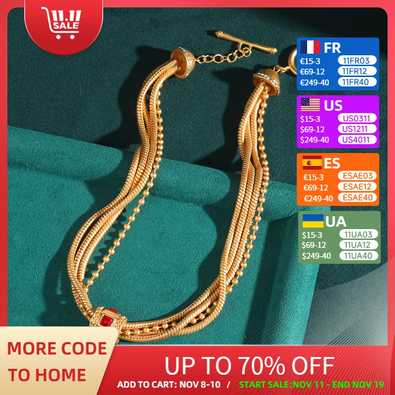 

Vintage Layered Chain Necklace Woman Gold Color Beads Snake Jewelry Antique Red Crystal Designer Quality Luxury For Accessories