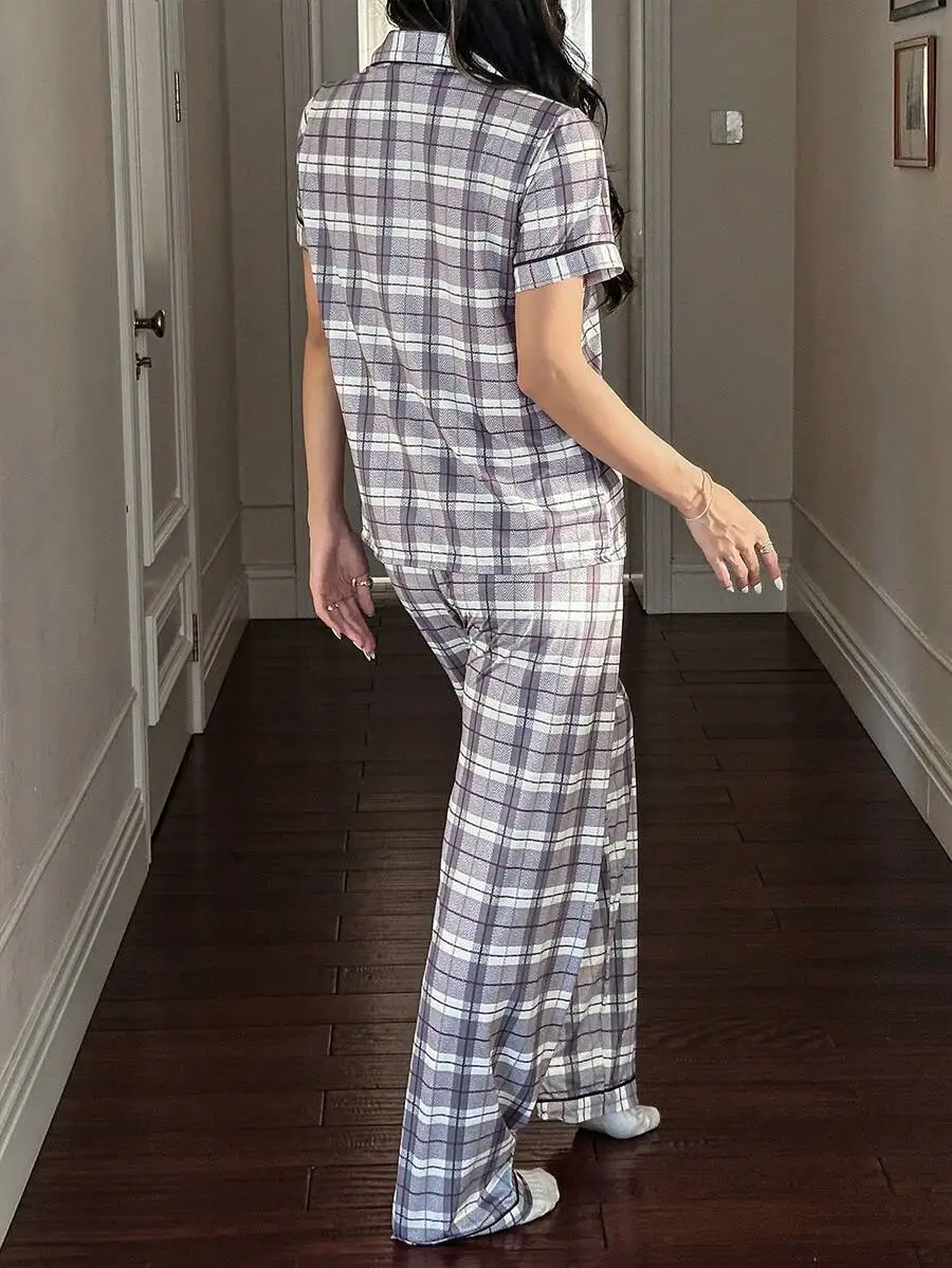

Womens Plaid Print Lapel Short Sleeve Pajama Set