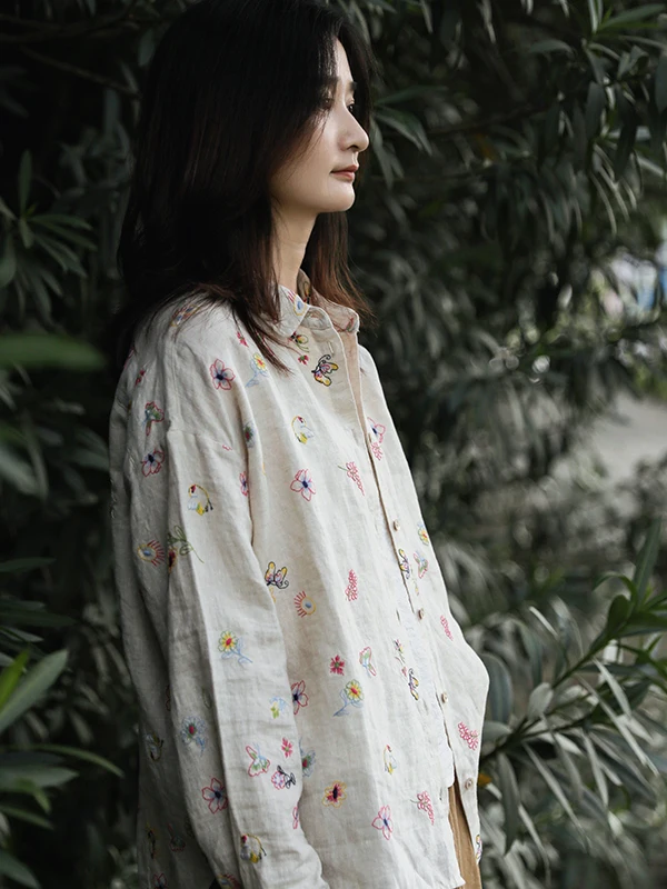 

Новая осенняя женская повседневная блузка из смесового хлопка и льна с вышивкой, свободного кроя, с длинным рукавом