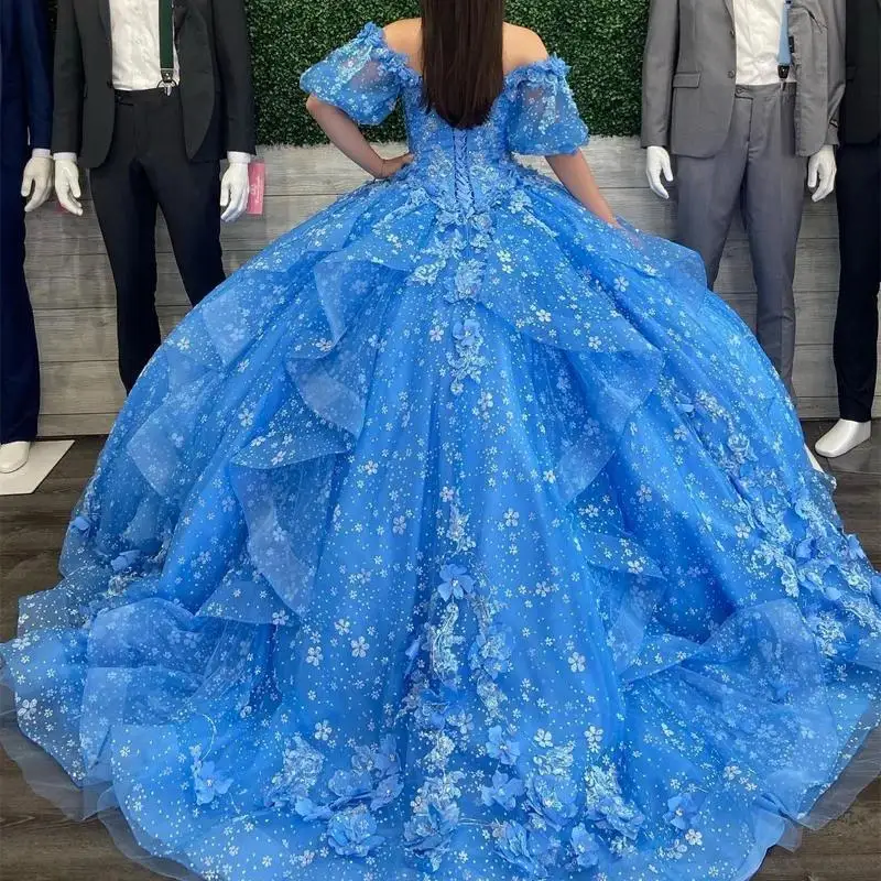 Robe de princesse Quinceanera bleue pour filles, appliques de fleurs 3D, dentelle, robe formelle personnalisée, Sweet 16