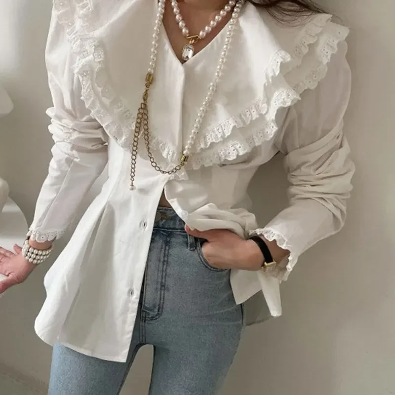 Komiyama Laciness Collar Blusas Mujer Pleated Tunic Shirts Blouses Elegant Chic Fungus Shirt Tops Spring New Clothes Women