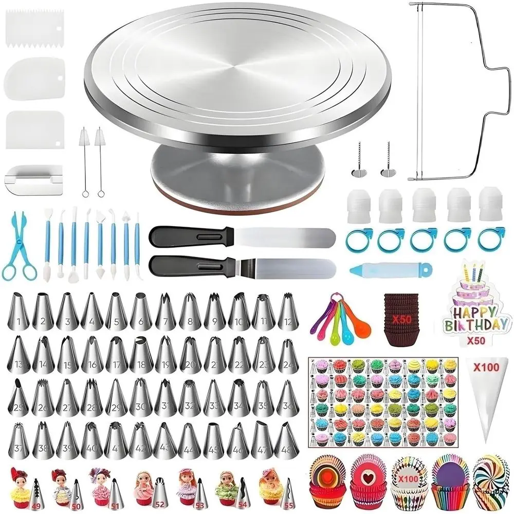 

393 Pcs Cake ting Kit, with Aluminium Alloy Cake Turntable,48 Numbered Icing Tips,7 Numbered Korean Skirt Piping Tips,2 Spatulas