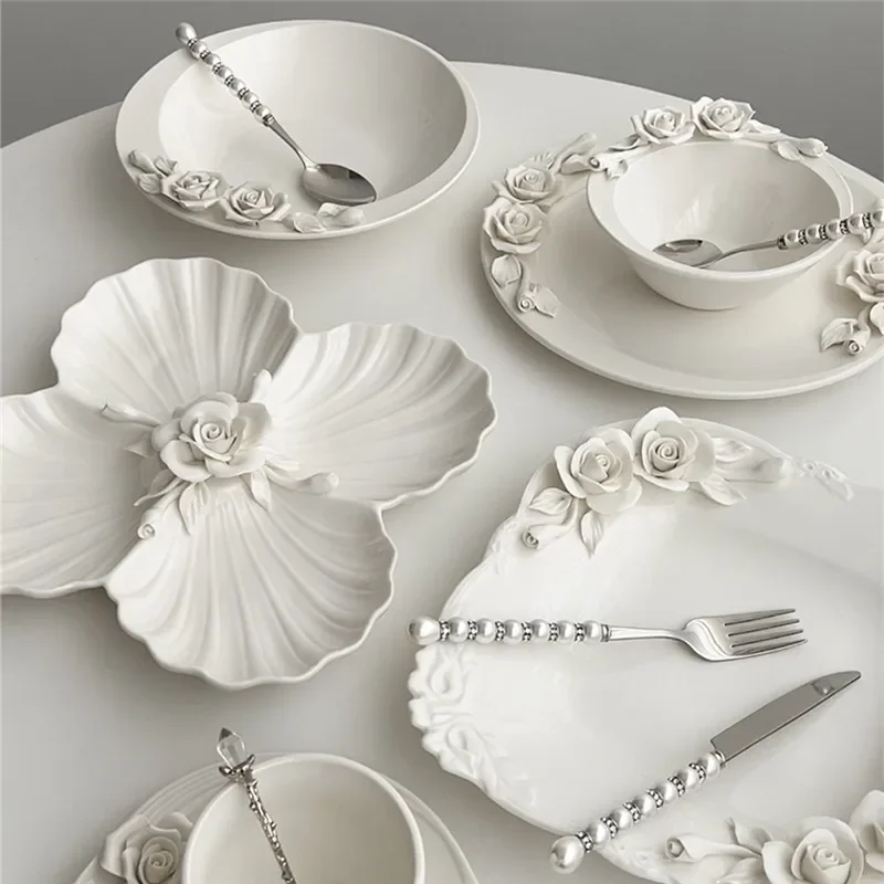 European Style Relief Hand-kneading Flowers Ceramic Bowl Plate Cup Tableware Exquisite Afternoon Tea Ceramic Tableware