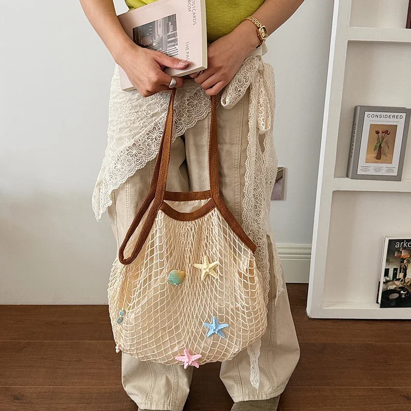 Bolso Tote  Malla Verde con Decoración  Estrella de Mar y Conchas para Mujer, Estilo Fresco para Vacaciones, Bolso  Hombro