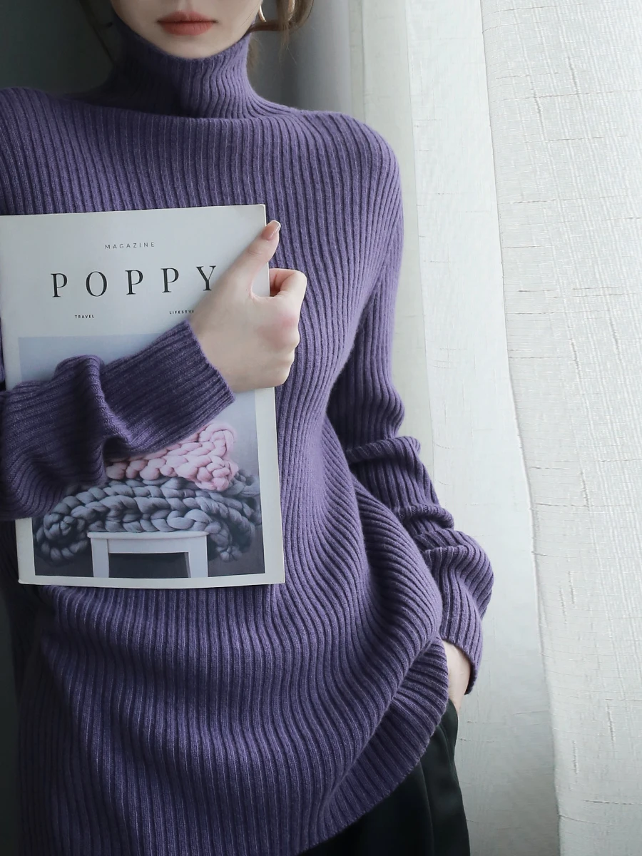 

Женский трикотаж Warmo из чистой шерсти, свободный базовый слой, зимний теплый вязаный свитер с воротником-стойкой, простой вязаный свитер для поездок на работу