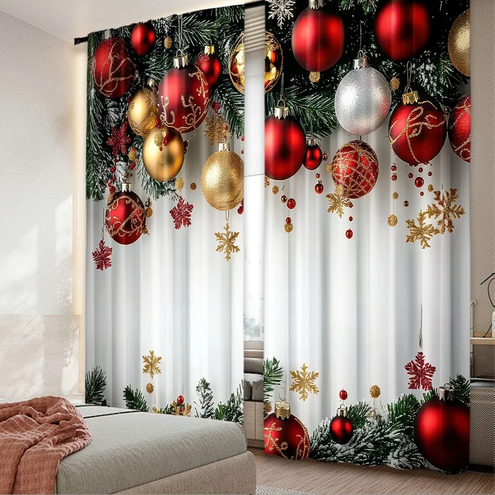 2 Stück 2D-Flachdruck Modische Weihnachtsvorhänge HolidayOrnaments Digital bedruckte Polyester-Vorhänge Party- und Urlaubsdekoration für