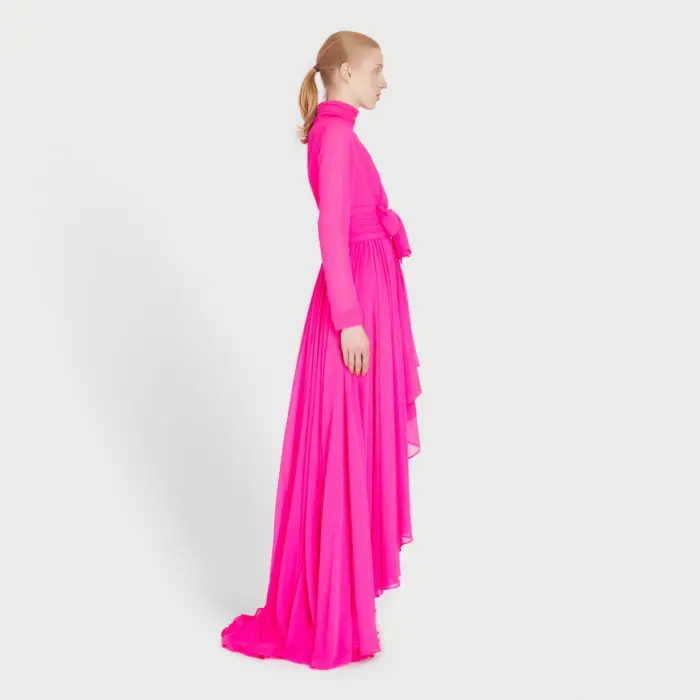 High End Hot Pink Asymmetrical Draped Dresses With Bow Modest High Collar Full Sleeves Women Maxi Dresses To Party