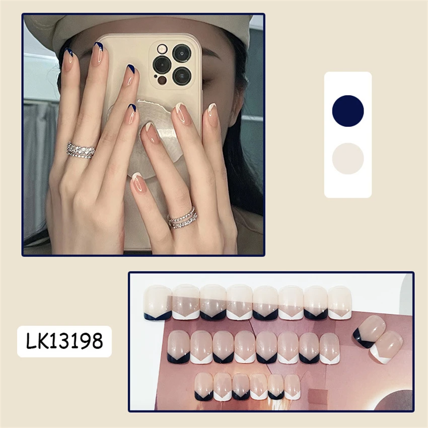 24Pcs/Set French Ice Clear Taro Puree Fresh Milk False Nails Full Cover Adhesive Wearing False Nails Tips Acrylic Press on Nails