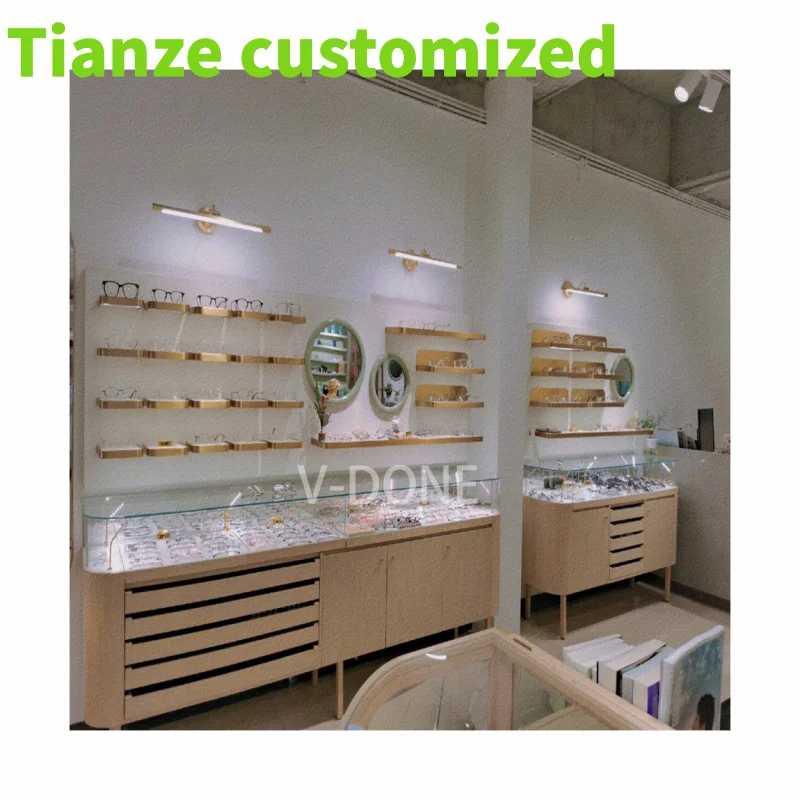 Customized-Optical Shop Interior Design Wood Eyewear Cabinet Locking Sunglasses Optical Frame Display Rods