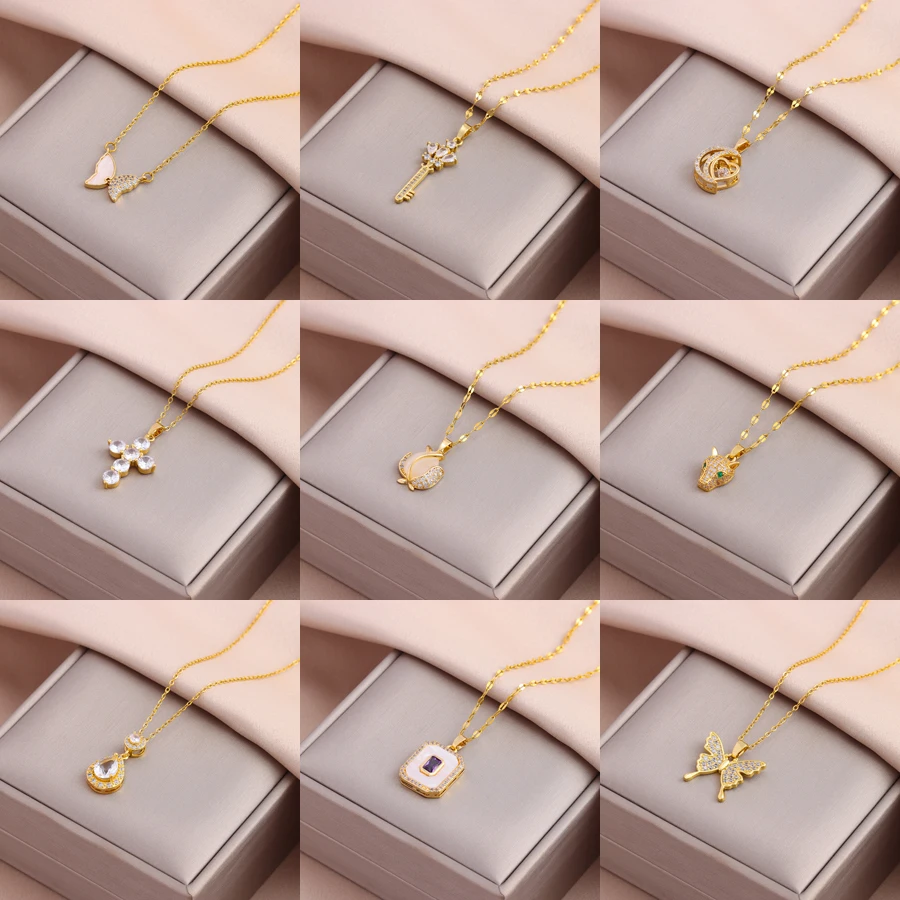 New Fashion 18K Gold Plated Zircon Crystal Pendant Necklaces For Women Female Stainless Steel Clavicle Chain Jewelry Wholesale