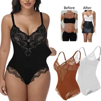 Body con escote en V profundo para mujer, ropa moldeadora de cuerpo de encaje Sexy, Tanga adelgazante, corsé con Control de barriga, ropa interior suave breve transpirable