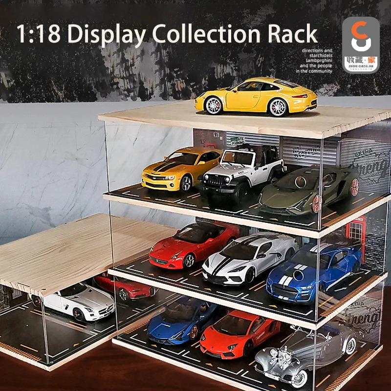 1:18 modelo de carros, cena de garagem de madeira, acrílico transparente, estacionamento, coleção de modelos de carro, expositor à prova de poeira, presente de aniversário