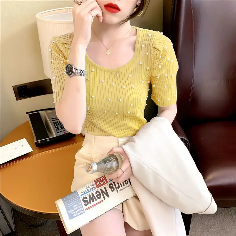 Fashion Chic Commute Summer Women's Solid Color Round Neck Beading Slim Fit Short Sleeve Pullover Ice Silk Knitted T-shirts Tops