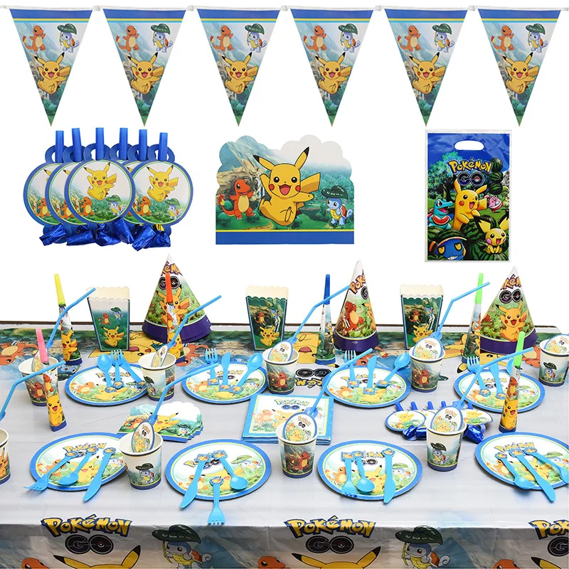 Pokemon Birthday Party Decoration Cartoon Pikachu Plates Cups Tableware Backdrop Aluminum Balloon For Kids Boy Party Suppies