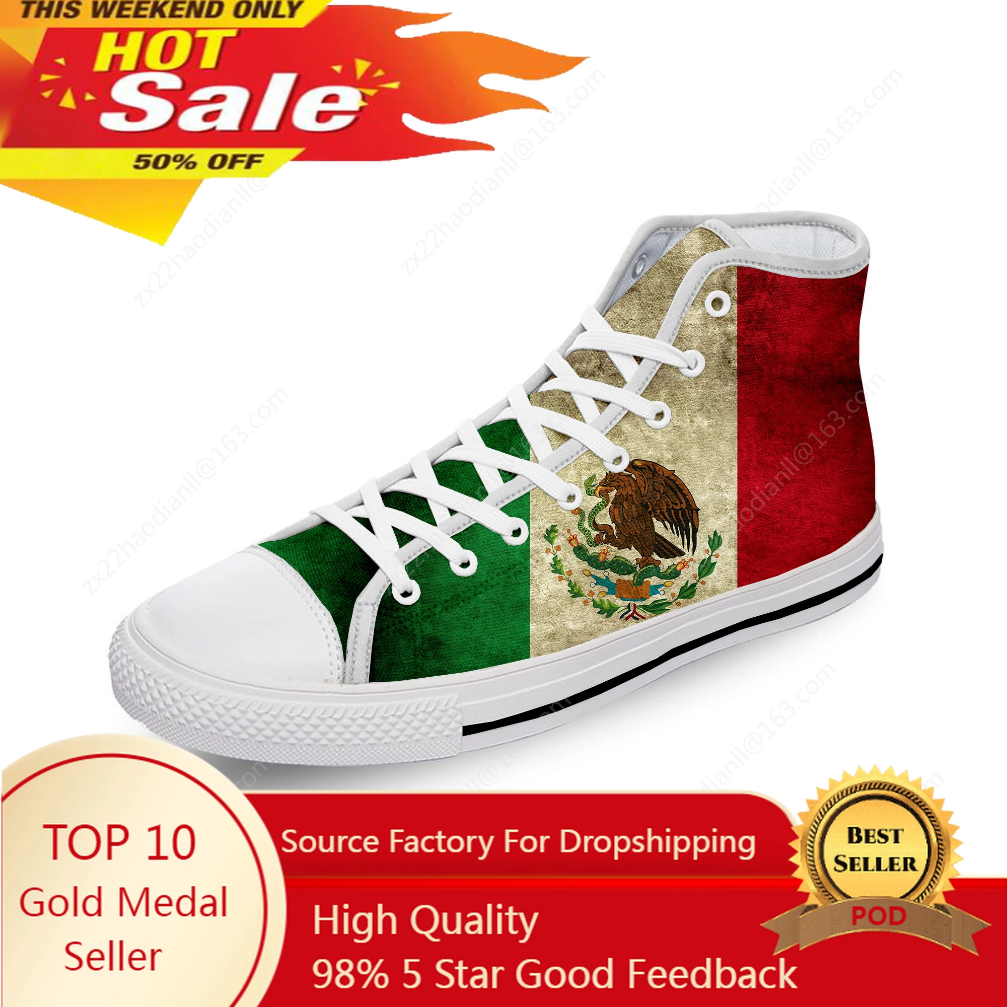 

Mexico Mexican Flag Patriotic Cool White Cloth Fashion 3D Print High Top Canvas Shoes Men Women Lightweight Breathable Sneakers