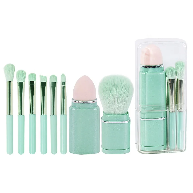 

Retractable Travel Small Portable 8 in 1Makeup Brush Set with Beauty Sponge Foundation Blending Powder Brushes