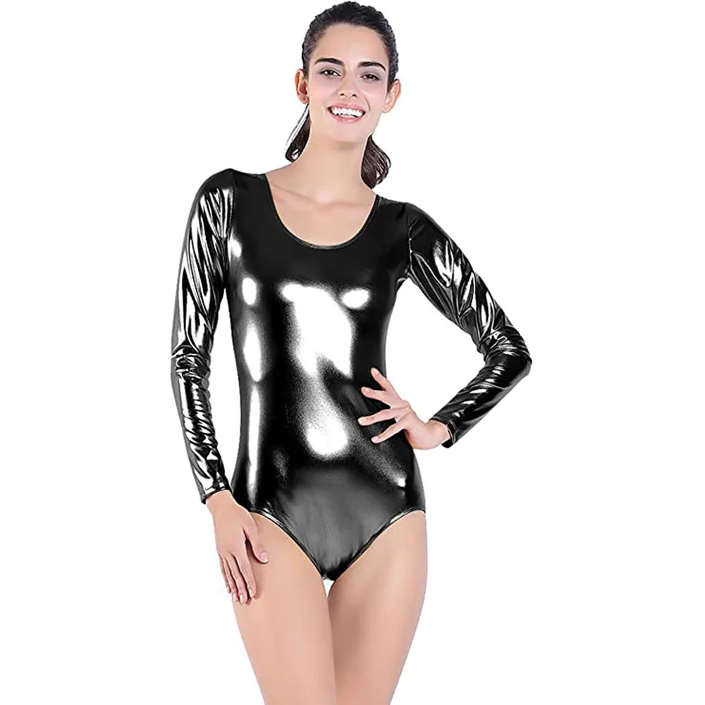 

SpeeriseAdults Shiny Long Sleeve Leotard for Gymnastics Women Black Dance Leotards Ballet Dancewear Metallic Bodysuits for Stage