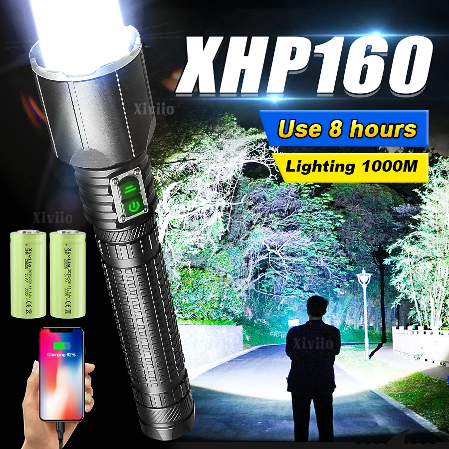 

2026 Самый мощный фонарик XHP160, высокий люмен, тактический фонарь, перезаряжаемый фонарь из алюминиевого сплава для охоты на открытом воздухе, приключений