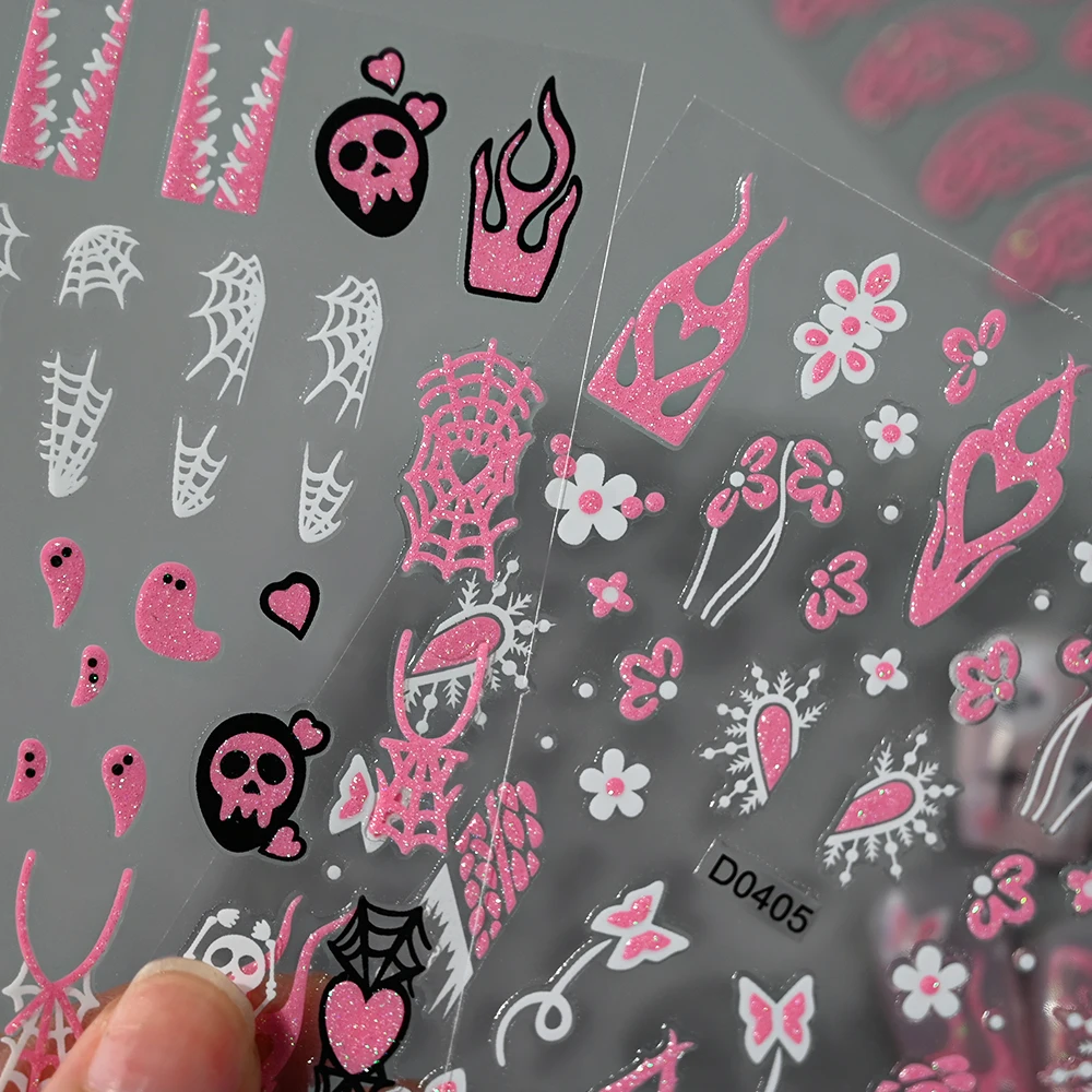1 pz 3D rosa glitter adesivi per unghie di Halloween fantasma ragnatela pipistrello teschio adesivo decalcomanie per unghie decorazioni per unghie di Halloween fai da te
