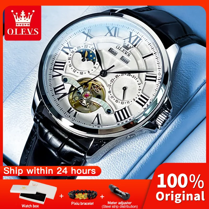 

OLEVS 7013 Mens Watch Original Mechanical Wristwatch Multifunctional Chronograph Waterproof Luminous Leather Strap Mens Gifts