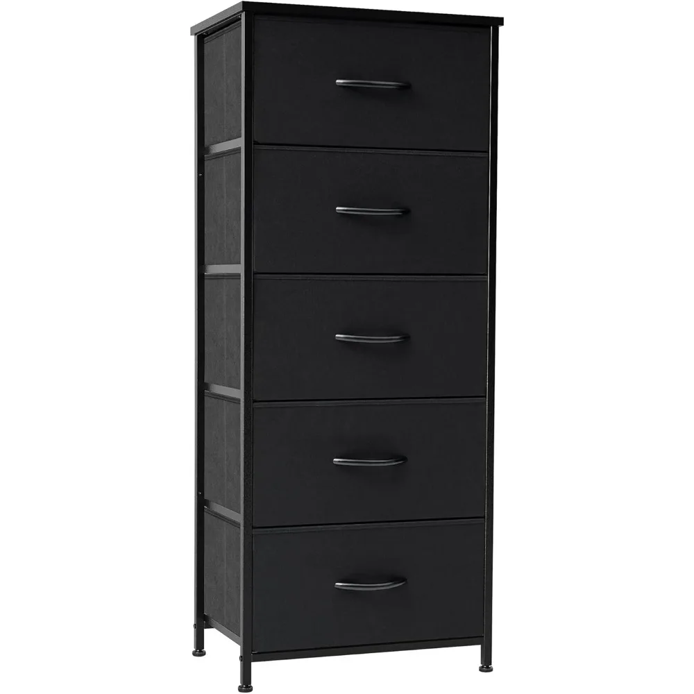 

Vertical Dresser Storage Tower - Sturdy Steel Frame, Wood Top, Easy Pull Fabric Bins - Organizer Unit for 5 Drawers(Black) -HOME